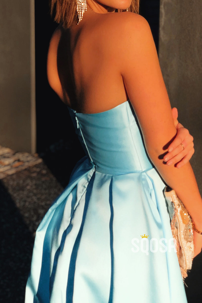 Strapless Light Blue Satin High Split A-line Prom Dress QP2776|SQOSA
