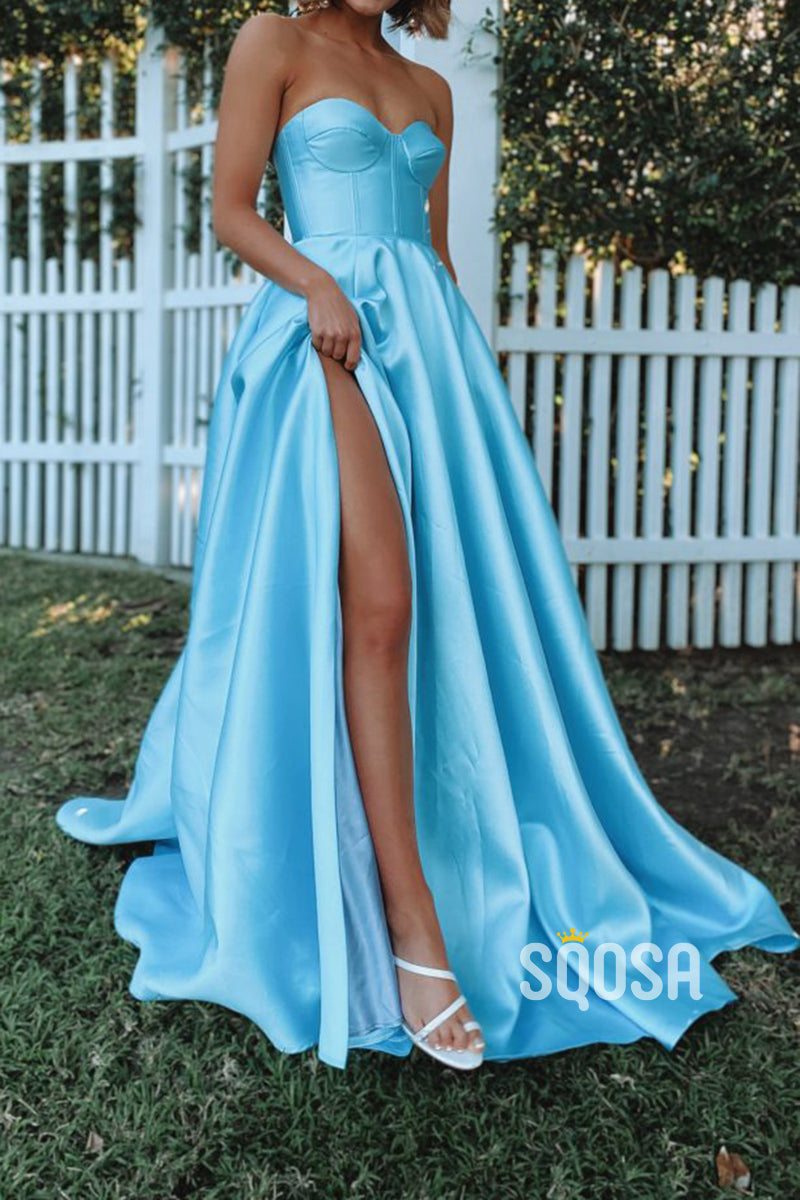 Light Blue Satin Sweetheart High Leg Split Formal Dress QP2779|SQOSA