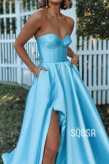 Light Blue Satin Sweetheart High Leg Split Formal Dress QP2779|SQOSA