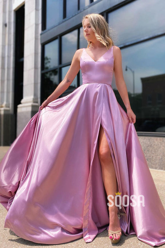 Plunging V-neck Pink Elastic Satin Senior Prom Dress with Slit QP2784|SQOSA