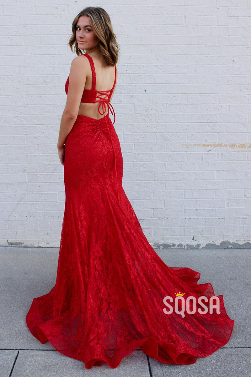 Scoop Red Beaded Lace Mermaid Prom Dress QP2790|SQOSA