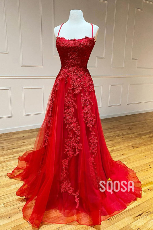 Unique Scoop Tulle Appliques Red Senior Prom Dress QP2923|SQOSA