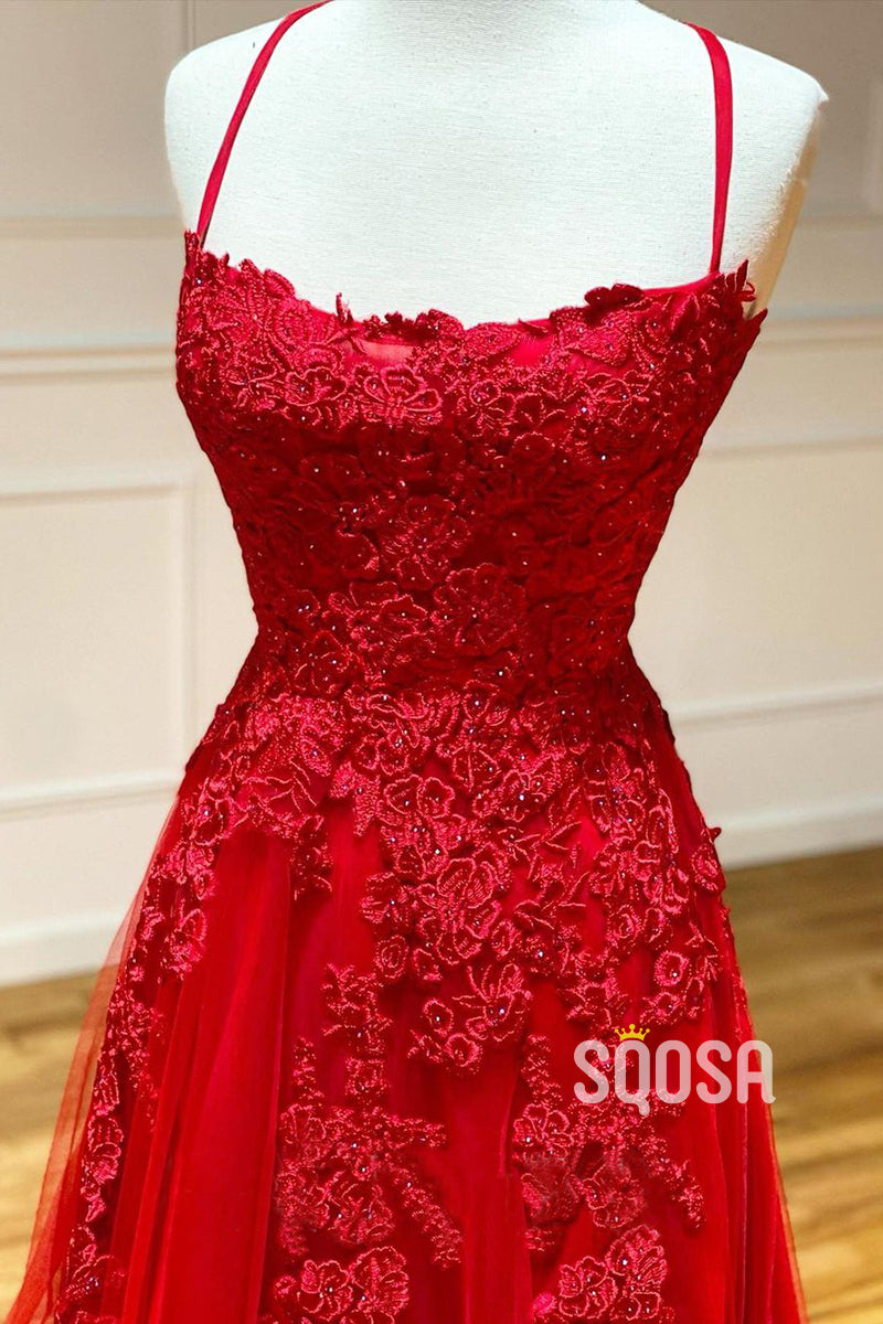 Unique Scoop Tulle Appliques Red Senior Prom Dress QP2923|SQOSA