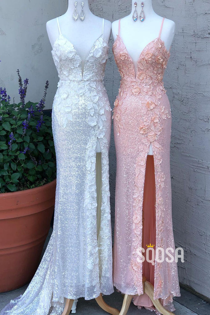 Deep V-neck Sequins Appliques Sparkly Prom Dress wit Slit QP2930|SQOSA