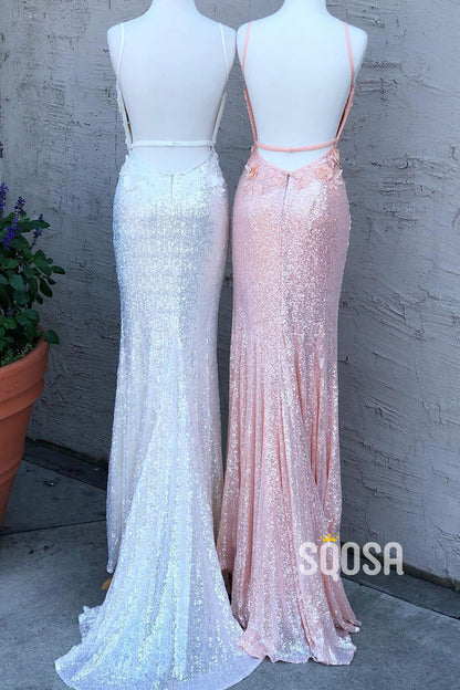 Deep V-neck Sequins Appliques Sparkly Prom Dress wit Slit QP2930|SQOSA