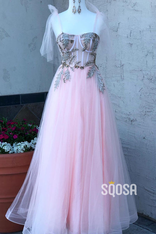 Sweetheart Pink Tulle Beads A-line Senior Prom Dress QP2950|SQOSA