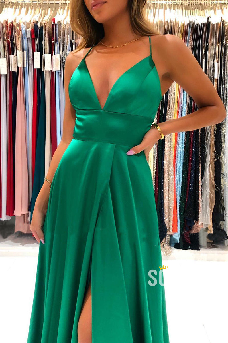 Plunging V-neck Green Elastic Satin Formal Dress with Slit QP2959|SQOSA