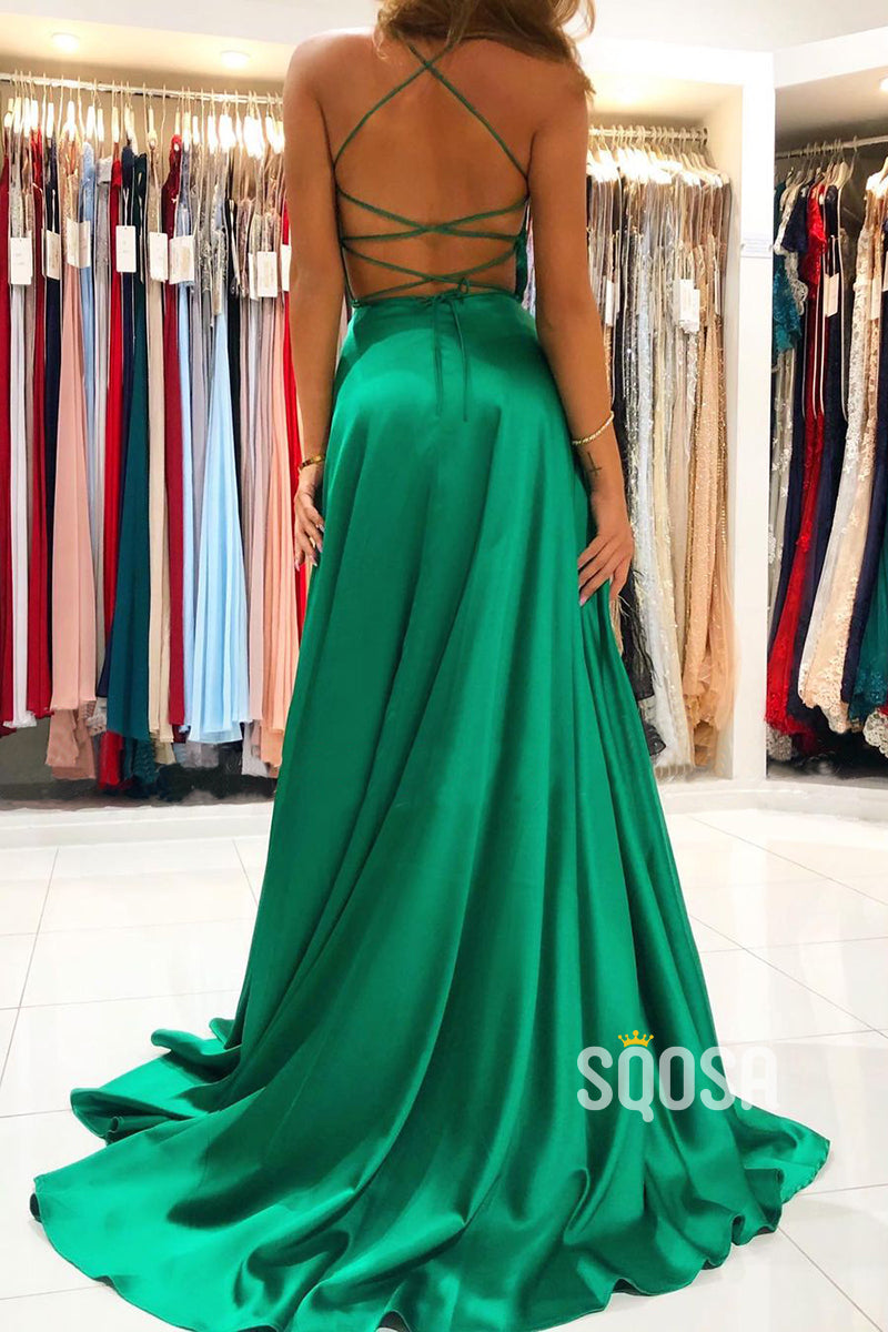 Plunging V-neck Green Elastic Satin Formal Dress with Slit QP2959|SQOSA