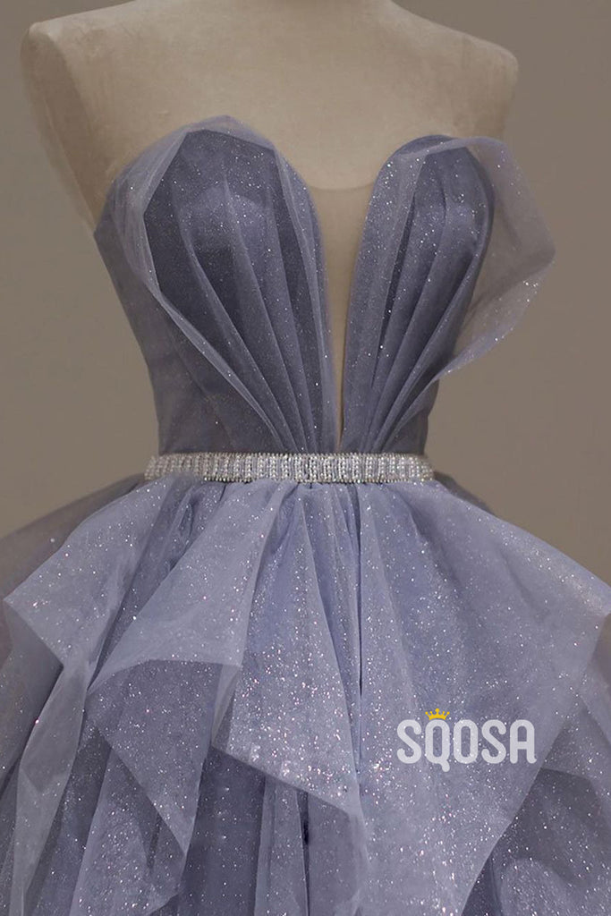 Plunging V-neck A-line Sparkly Prom Dress QP3006|SQOSA