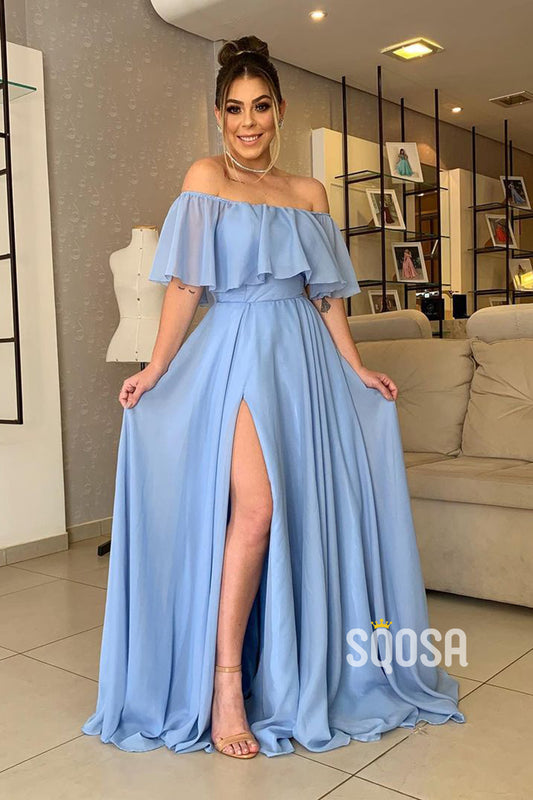 Off Shoulder Chiffon Bridesmaid Dress with Slit Long Formal Evening Dress QP3062|SQOSA