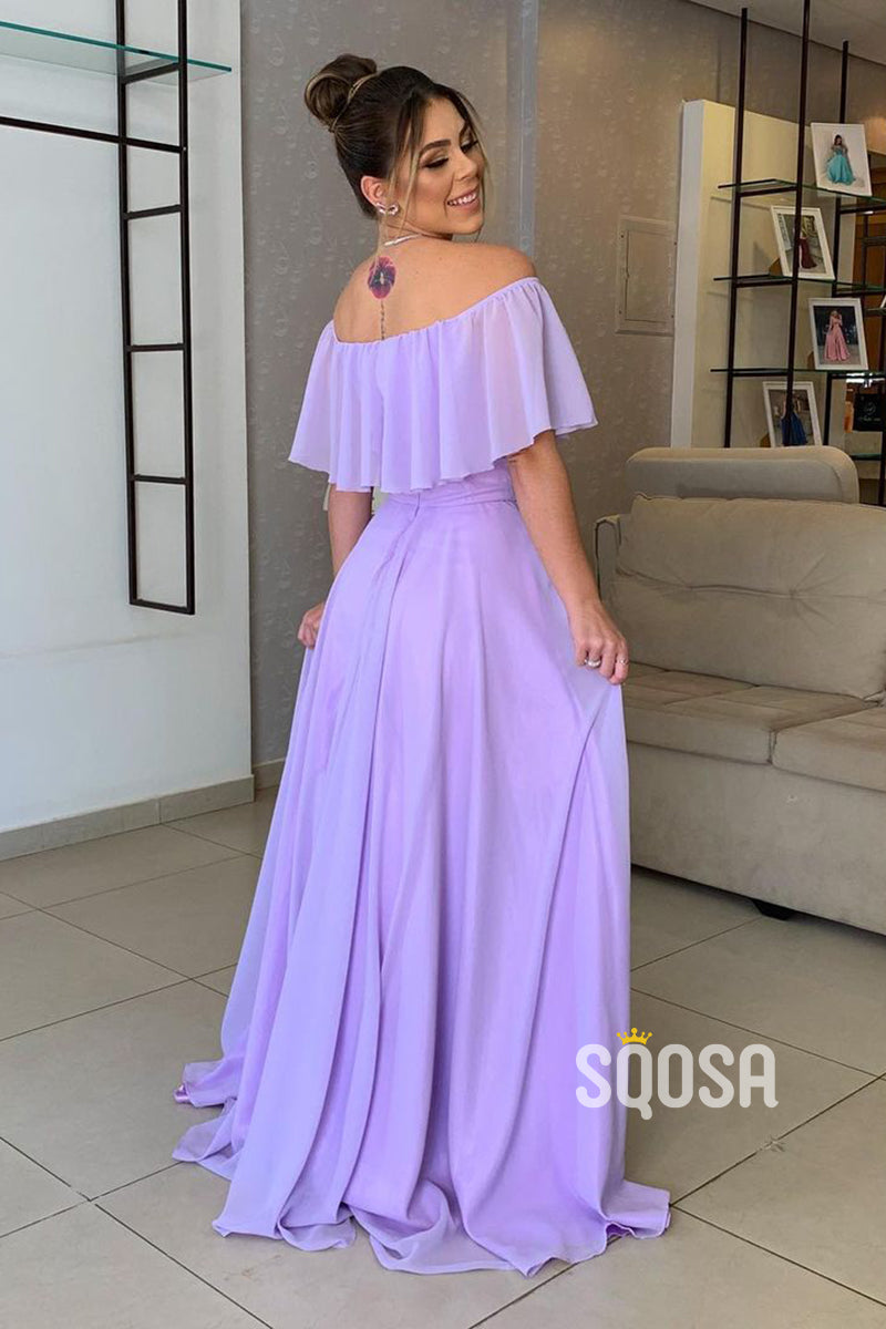 Off Shoulder Chiffon Bridesmaid Dress with Slit Long Formal Evening Dress QP3062|SQOSA