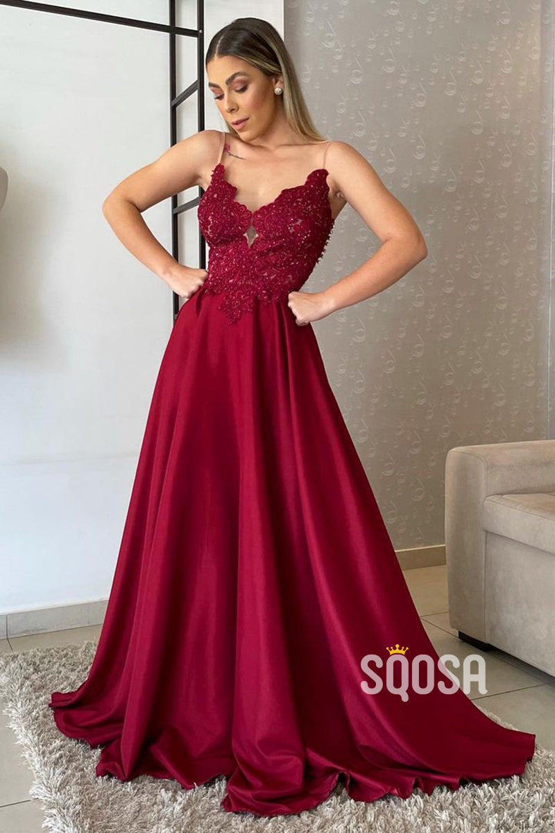 Women's Spaghetti Straps Lace Applique Long Formal Evening Dress QP3066|SQOSA