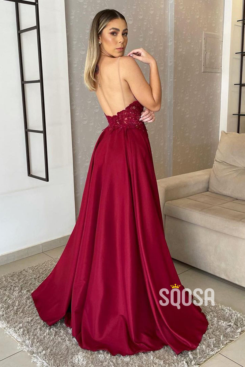 Women's Spaghetti Straps Lace Applique Long Formal Evening Dress QP3066