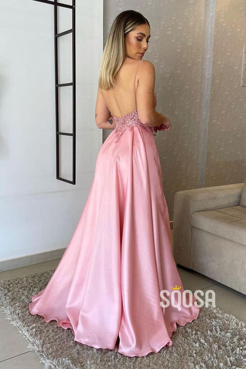 Women's Spaghetti Straps Lace Applique Long Formal Evening Dress QP3066|SQOSA