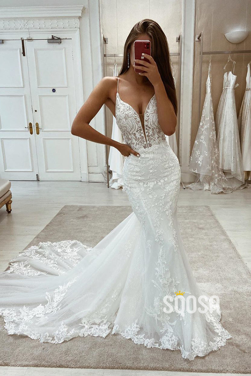 Plunging V-neck Spaghetti Straps Lace Wedding Dress Mermaid Gown with Overlay QW2581|SQOSA