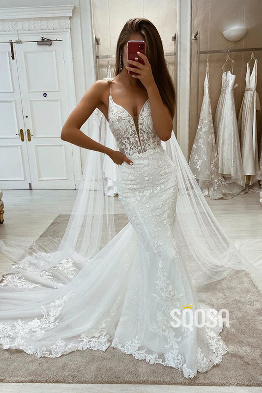 Plunging V-neck Spaghetti Straps Lace Wedding Dress Mermaid Gown with Overlay QW2581|SQOSA