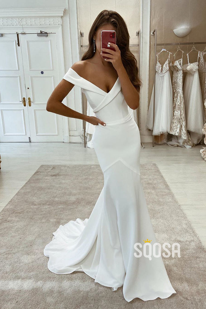 Ivory Satin Off The Shoulder Mermaid Wedding Dress QW2582|SQOSA