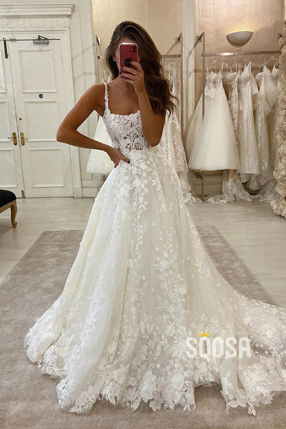Unique Square Neckline Ivory Lace Wedding Dress Bridal Gown QW2589|SQOSA