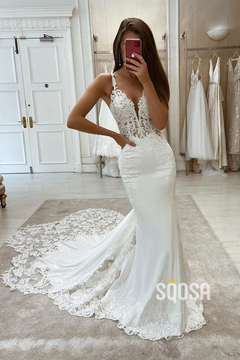 Attractive V-neck Ivory Lace Wedding Dress Mermaid Gown with Court Train QW2591|SQOSA
