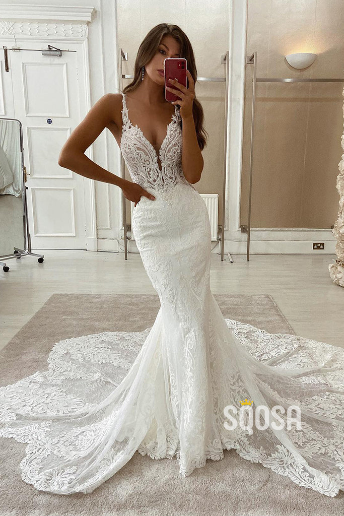 Attractive Deep V-neck Ivory Lace Wedding Dress with Court Train Mermaid Gown QW2594|SQOSA