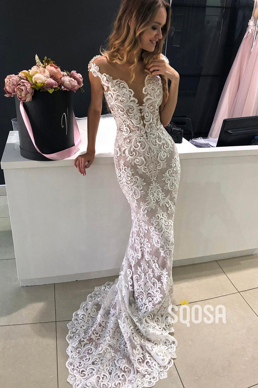 Attractive V-neck Cap Sleeves Champagne Lace Wedding Dress QW2599|SQOSA