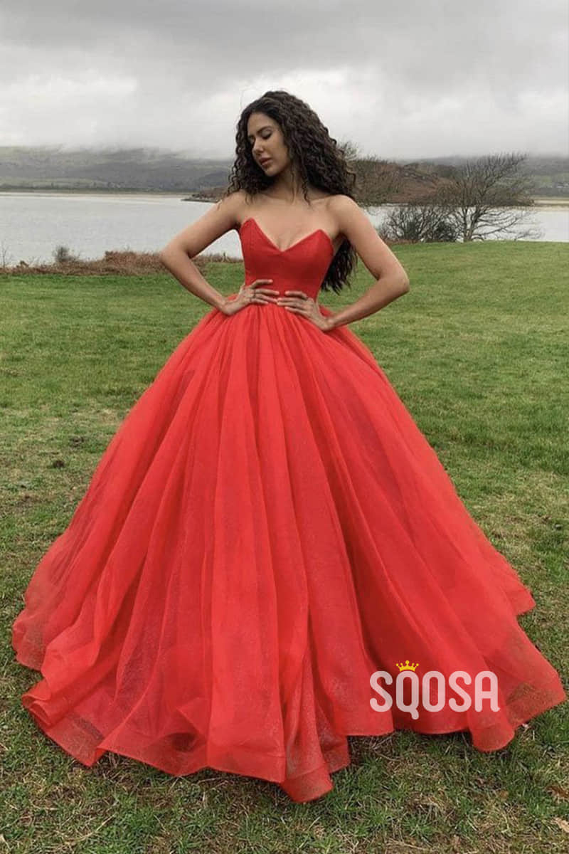 Ball Gown Red Tulle V-neck Long Prom Dress Formal Evening Gowns QP2210