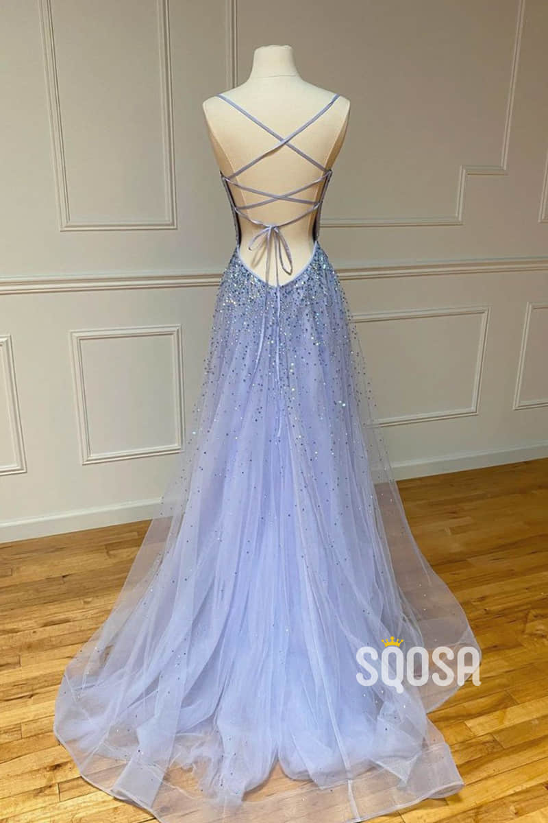 A-line Scoop Tulle Beaded Long Prom Dress QP2523|SQOSA