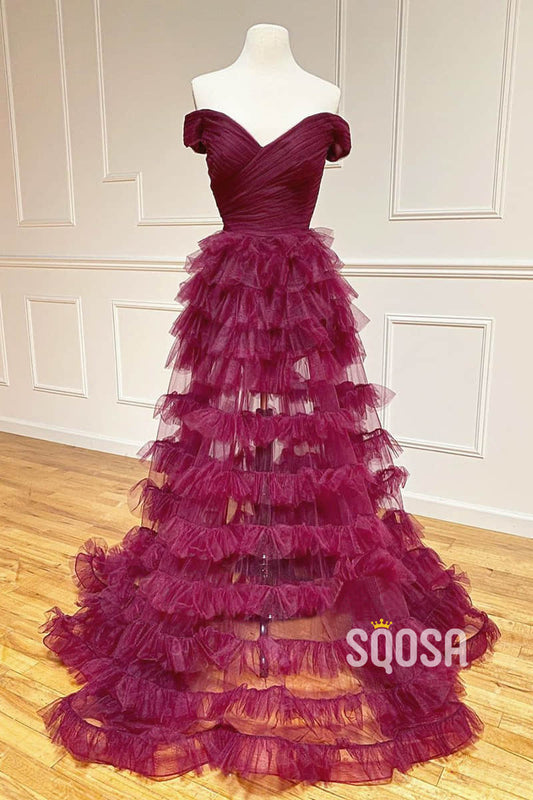 A-line Chic Off-Shoulder Tulle Tiered Long Prom Dress QP2529|SQOSA