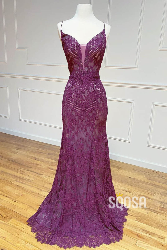 Sheath/Column Spaghetti Straps Lace Beaded Long Prom Dress Formal Evening Gowns QP2530|SQOSA