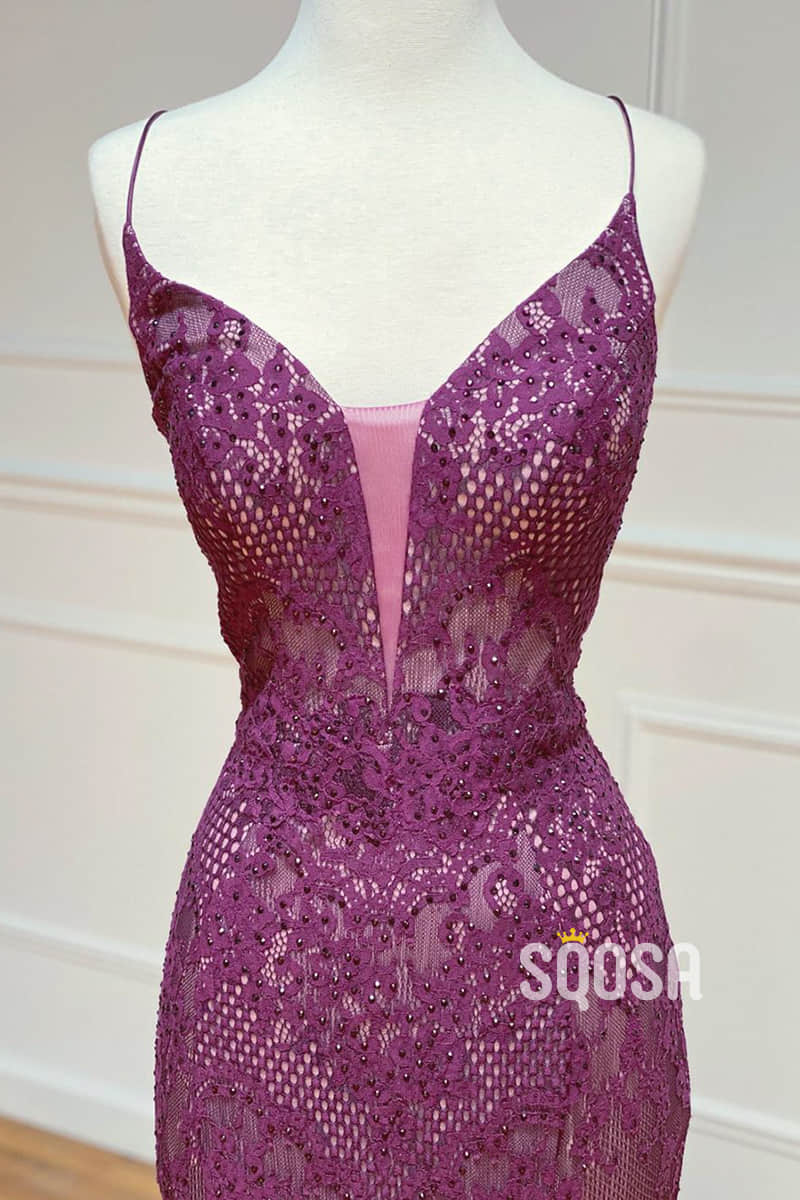 Sheath/Column Spaghetti Straps Lace Beaded Long Prom Dress Formal Evening Gowns QP2530|SQOSA