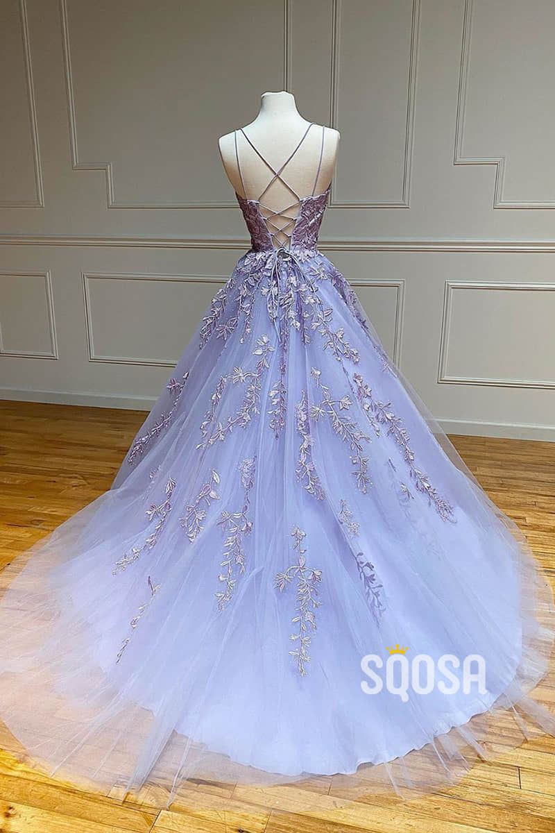 A-line Scoop Tulle Appliques Long Prom Dress QP2553|SQOSA