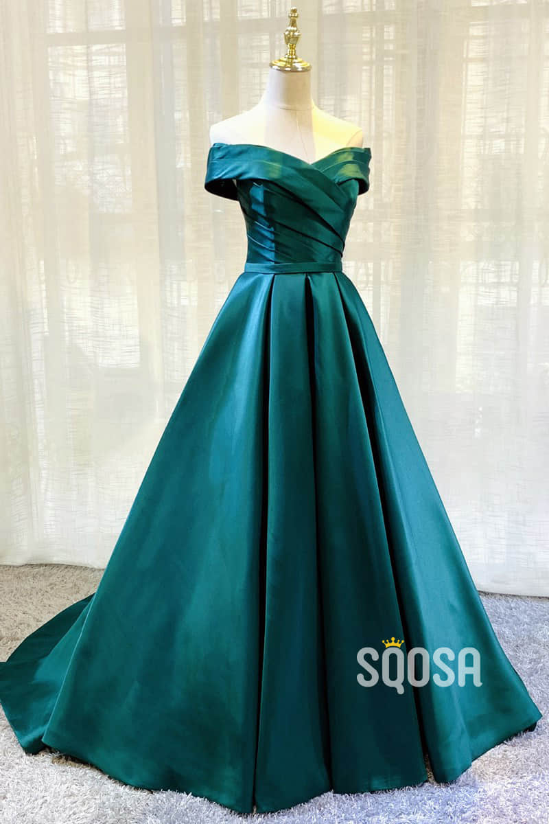 Unique Off-Shoulder Green Satin Pleat Long Formal Dress QP2656|SQOSA