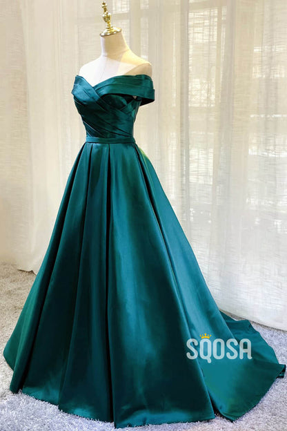 Unique Off-Shoulder Green Satin Pleat Long Formal Dress QP2656