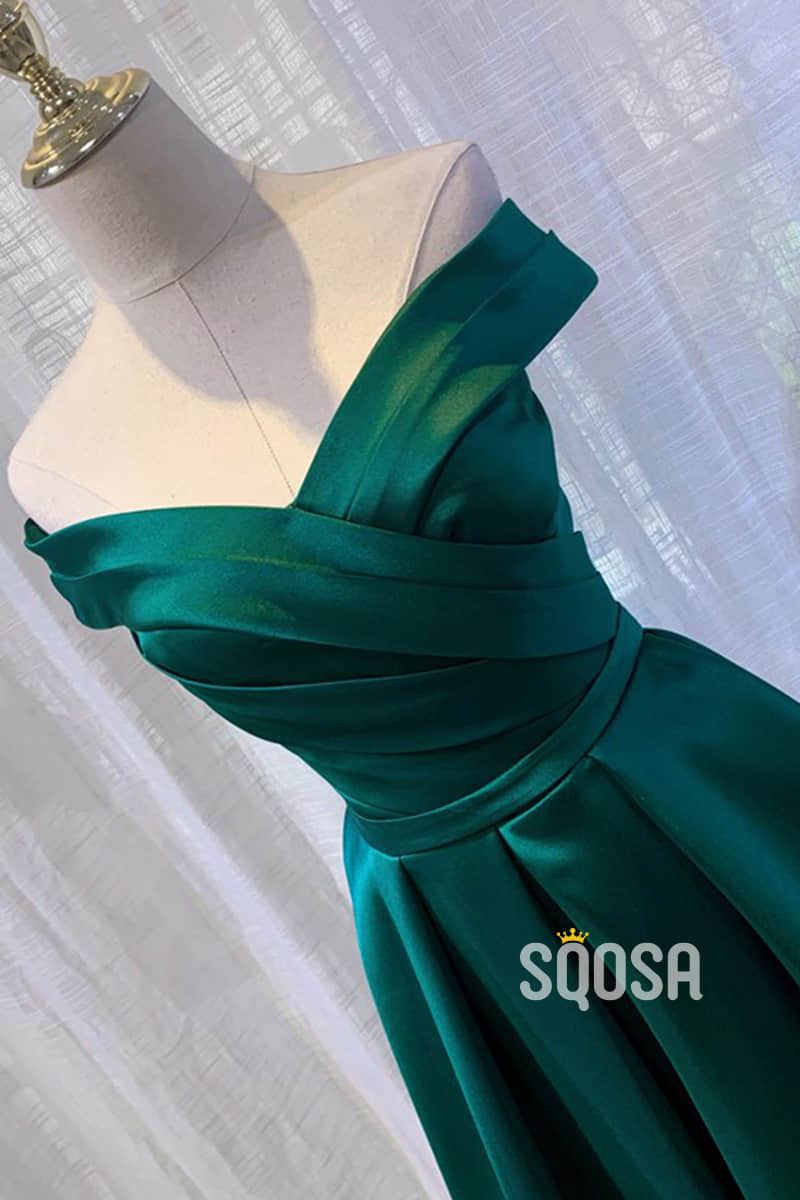 Unique Off-Shoulder Green Satin Pleat Long Formal Dress QP2656|SQOSA