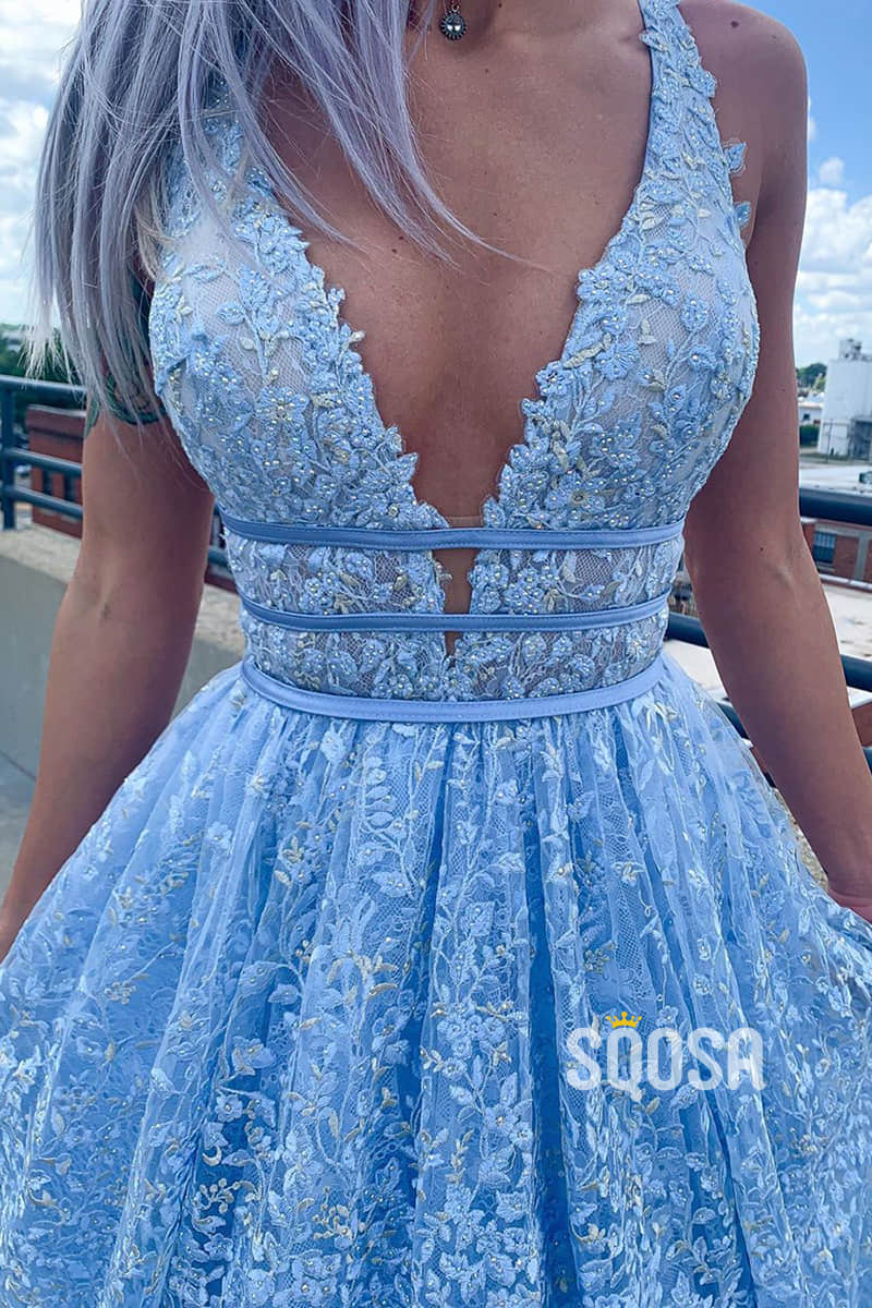 Sky Blue Lace Deep V-neck A-line Long Prom Dress QP2692|SQOSA