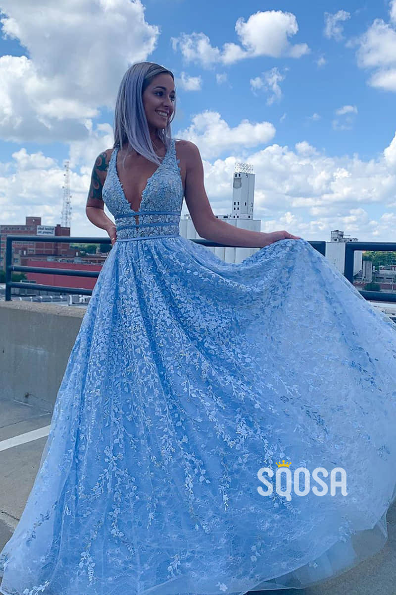 Sky Blue Lace Deep V-neck A-line Long Prom Dress QP2692|SQOSA