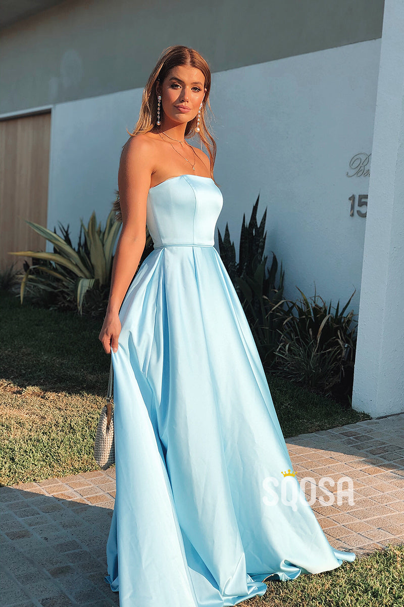 Strapless Sky Blue Satin A-line Long Prom Dress QP2819|SQOSA