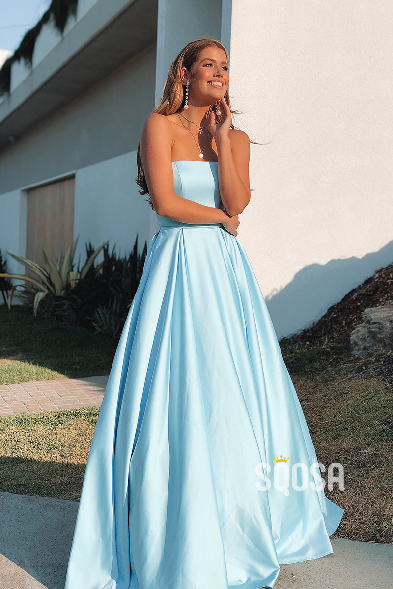 Strapless Sky Blue Satin A-line Long Prom Dress QP2819|SQOSA