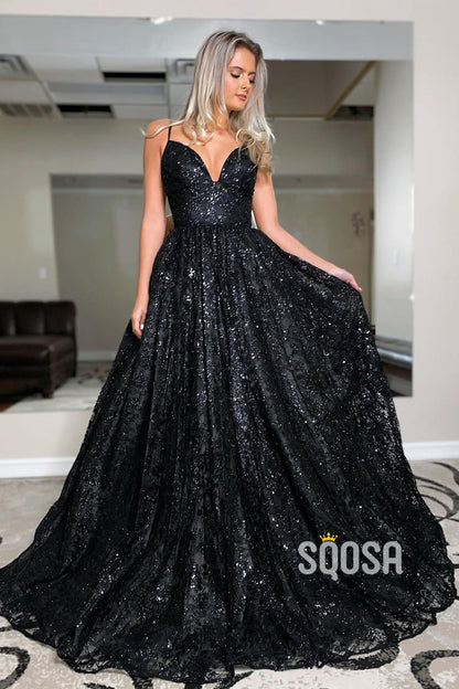 Plunging V-neck Black Lace A-line Prom Dress Glitter QP2851|SQOSA