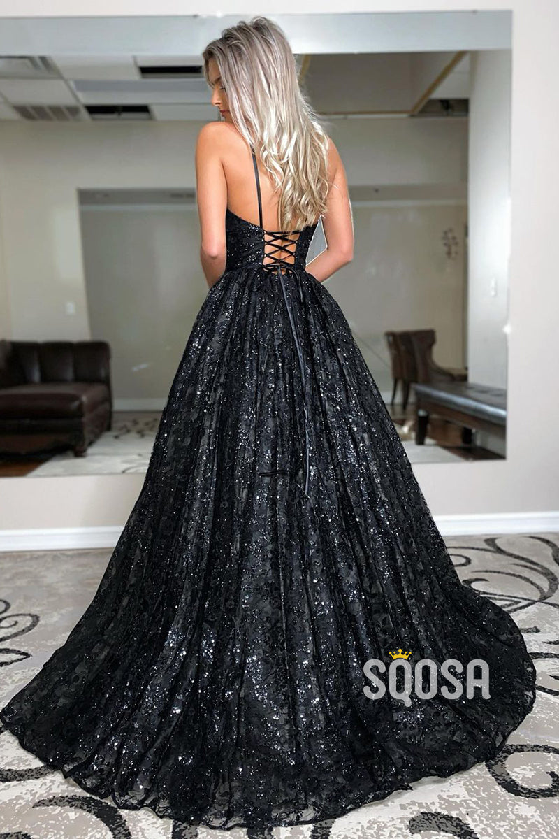 Plunging V-neck Black Lace A-line Prom Dress Glitter QP2851|SQOSA