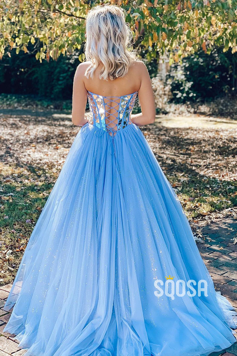 Sky Blue Tulle Beads A-line Senior Prom Dress QP2852|SQOSA