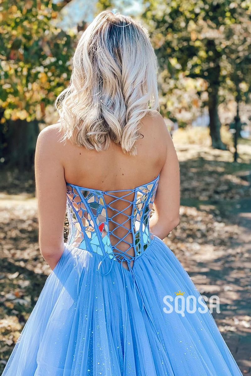 Sky Blue Tulle Beads A-line Senior Prom Dress QP2852|SQOSA