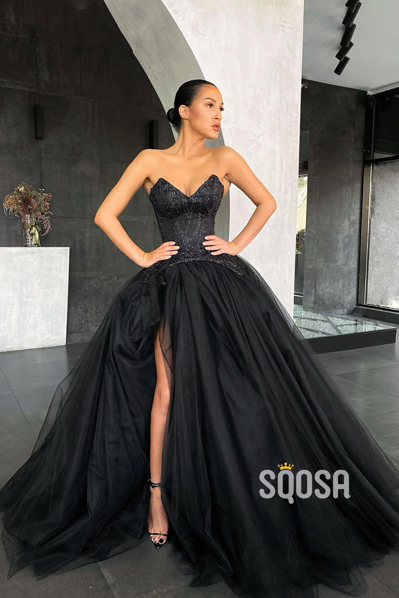 Plunging V-neck Lace Bodice High Split Formal Dress QP2854|SQOSA