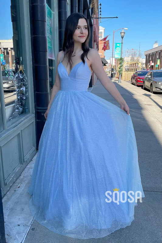 Plunging V-neck Sky Blue Sparkly Prom Dress QP2887|SQOSA