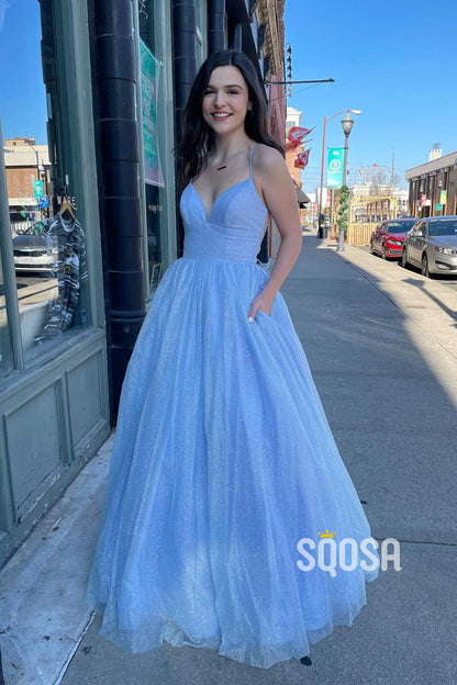 Plunging V-neck Sky Blue Sparkly Prom Dress QP2887|SQOSA
