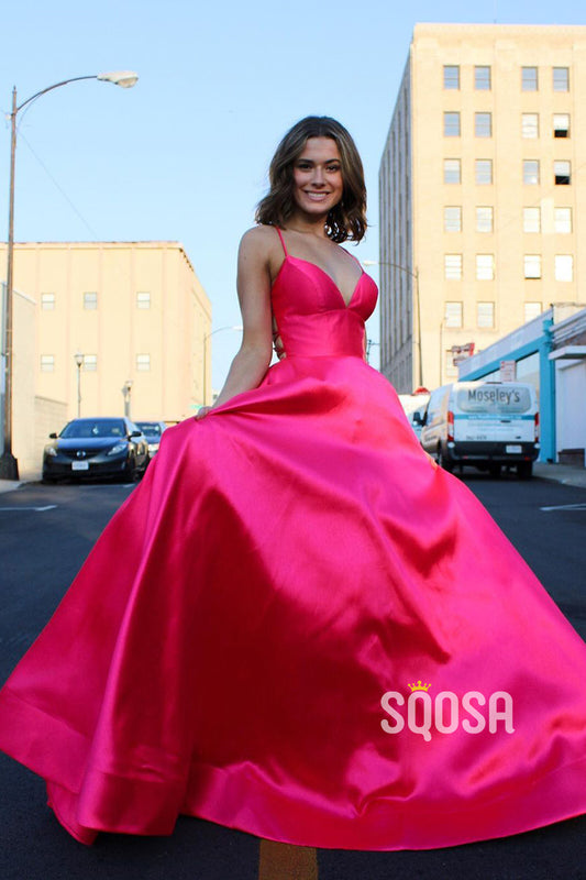 Plunging V-neck Pink Satin Senior Prom Dress with Pockets QP2888|SQOSA