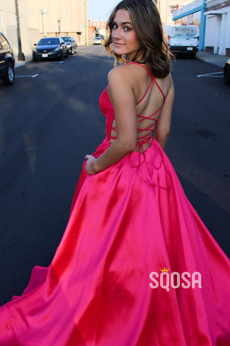 Plunging V-neck Pink Satin Senior Prom Dress with Pockets QP2888|SQOSA