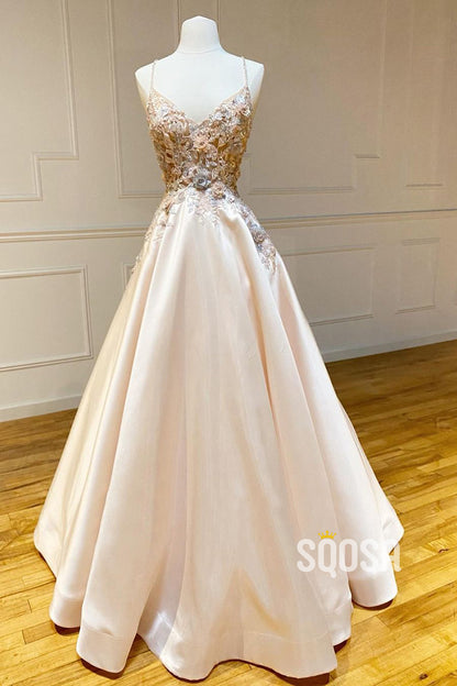 Spaghetti Straps Appliques Ball Gown Long Prom Dress QP2986|SQOSA