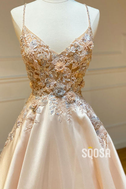 Spaghetti Straps Appliques Ball Gown Long Prom Dress QP2986|SQOSA