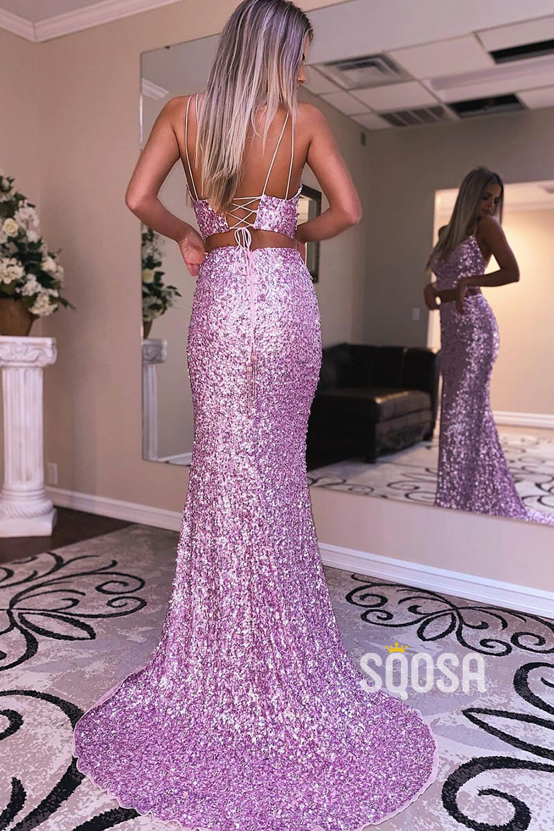 Plunging V-neck Sequins Two-Piece Prom Dress QP2995|SQOSA